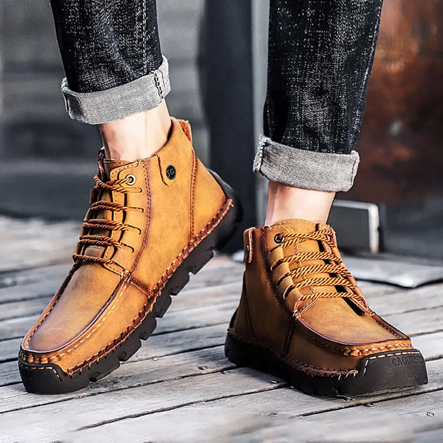 Mens PU Ankle Chukka Boots Casual Shoes Loafers Flat Shoes Vintage Stitching Comfort Soft Breathable Lace-up Lightweight Fashionable Flats Shoes