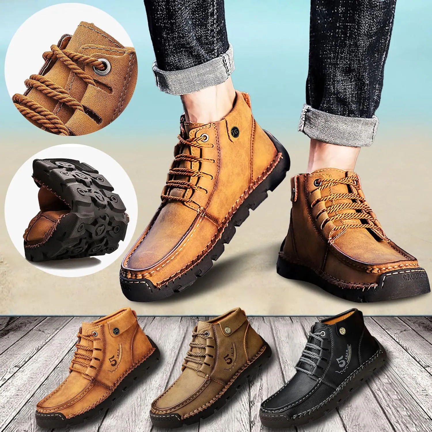 Mens PU Ankle Chukka Boots Casual Shoes Loafers Flat Shoes Vintage Stitching Comfort Soft Breathable Lace-up Lightweight Fashionable Flats Shoes