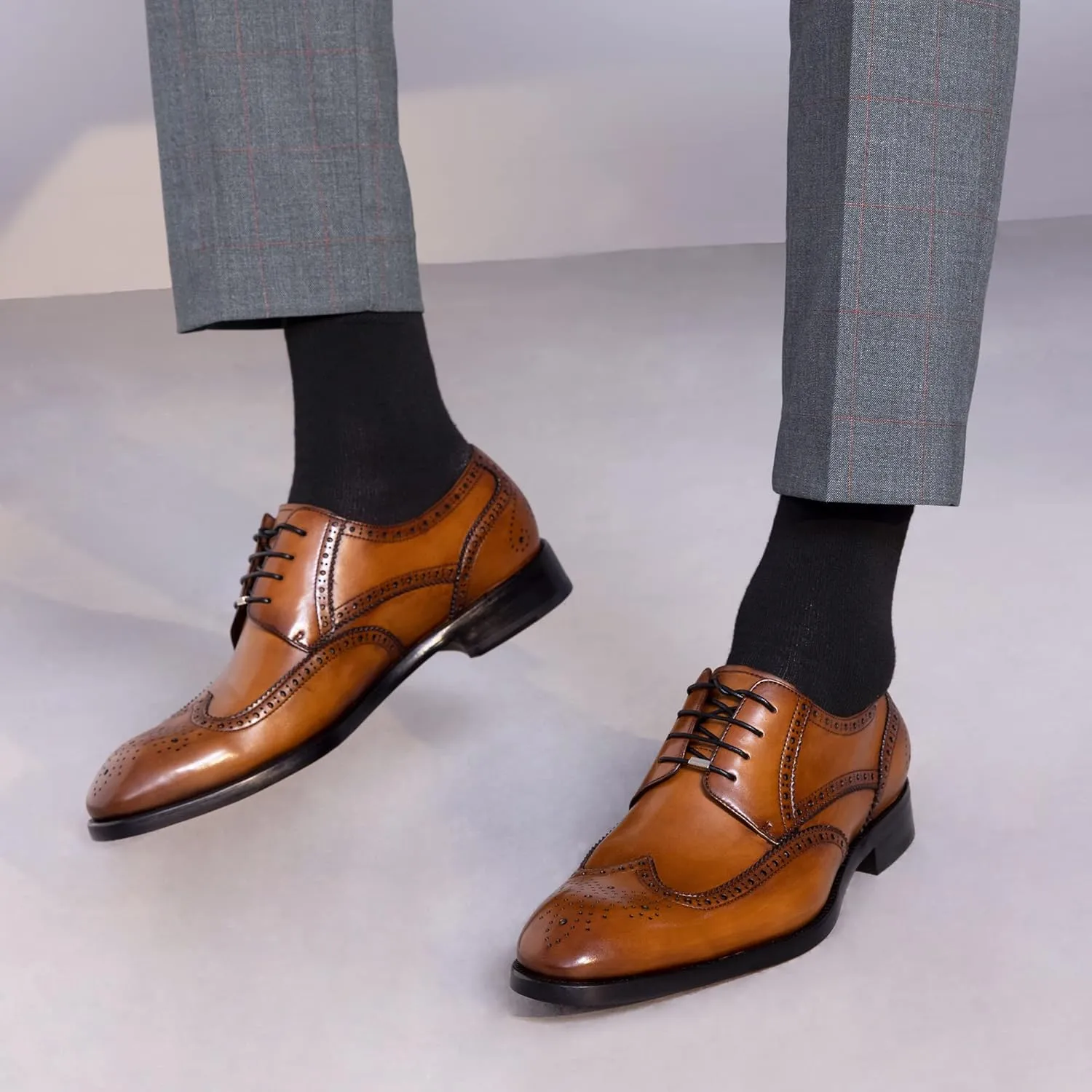 Men's Round Toe Dress Oxfords Shoes Brogue Genuine Leather Lace-Up Oxford Derby Shoes