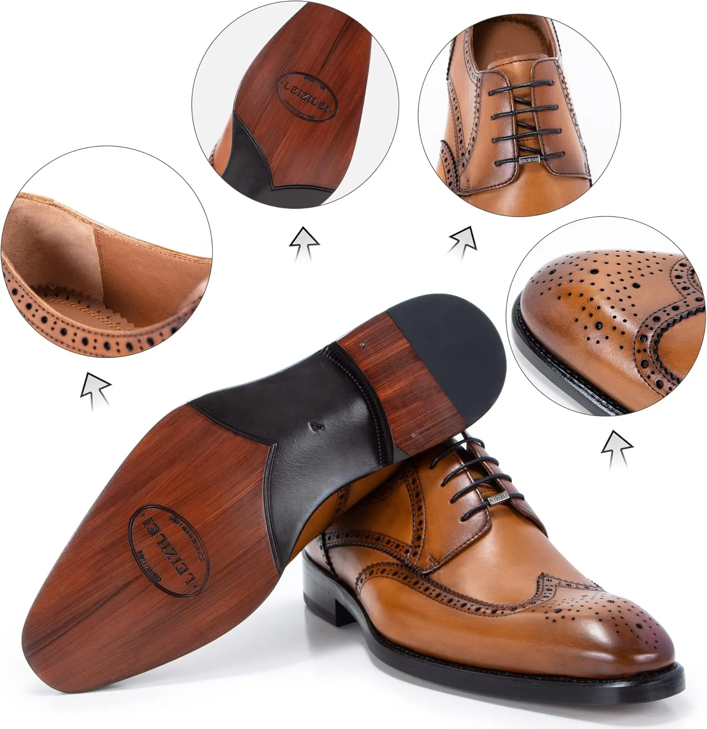 Men's Round Toe Dress Oxfords Shoes Brogue Genuine Leather Lace-Up Oxford Derby Shoes