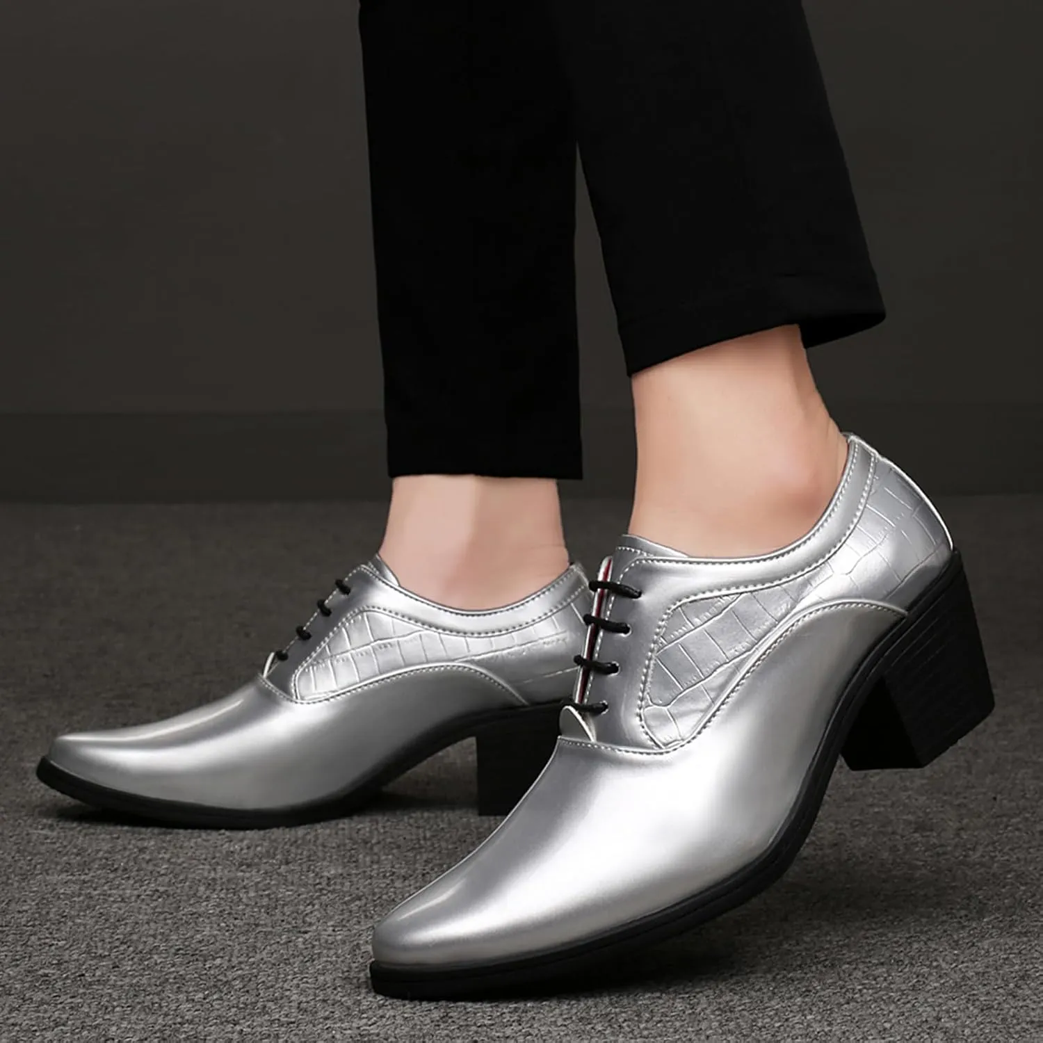 Men's Stone Pattern Shiny Leather Chunky Heel Dress Oxford Shoes Fashion Classic Pointed Toe Lace Up Block High Heel Derby Shoes Business Wedding Formal Shoes