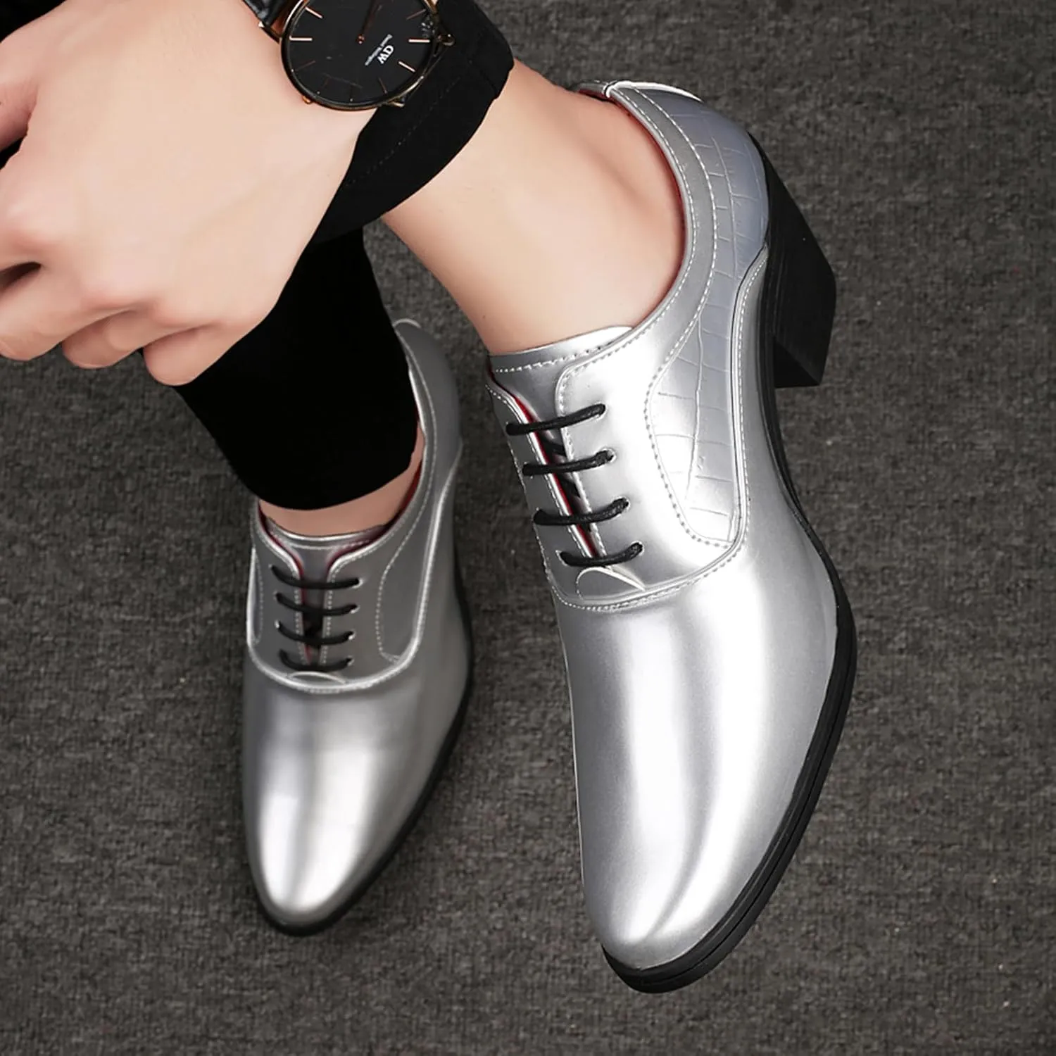Men's Stone Pattern Shiny Leather Chunky Heel Dress Oxford Shoes Fashion Classic Pointed Toe Lace Up Block High Heel Derby Shoes Business Wedding Formal Shoes