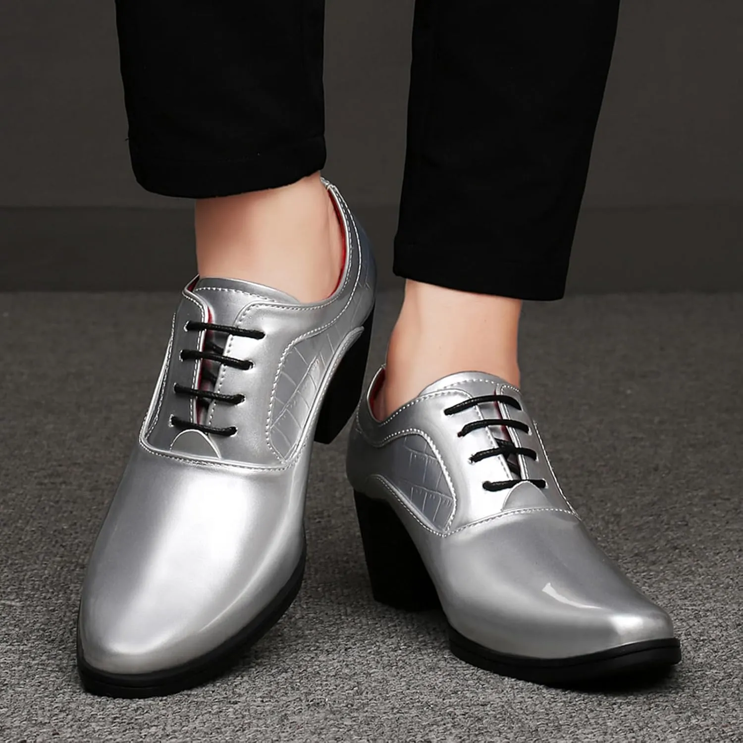 Men's Stone Pattern Shiny Leather Chunky Heel Dress Oxford Shoes Fashion Classic Pointed Toe Lace Up Block High Heel Derby Shoes Business Wedding Formal Shoes
