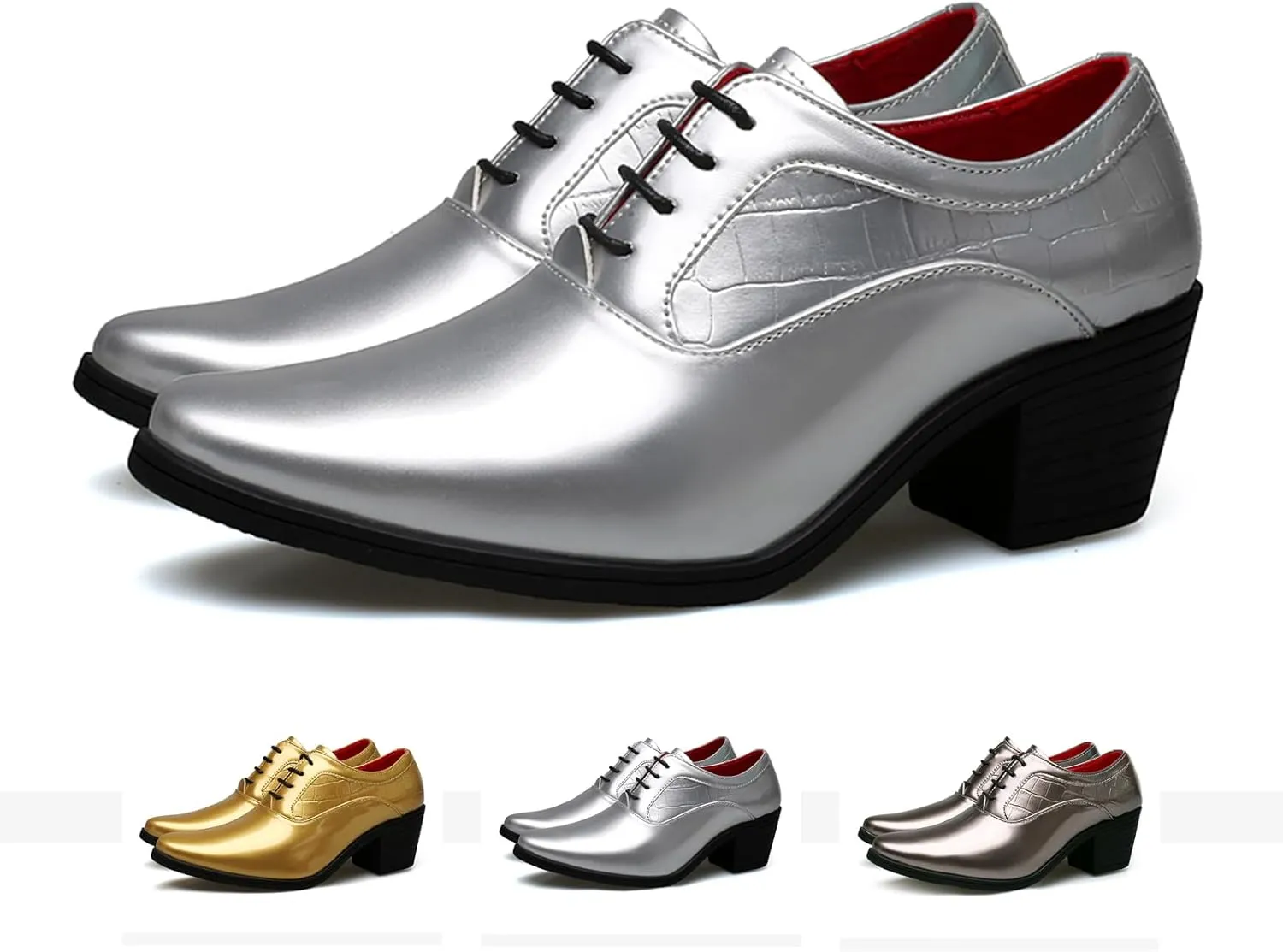 Men's Stone Pattern Shiny Leather Chunky Heel Dress Oxford Shoes Fashion Classic Pointed Toe Lace Up Block High Heel Derby Shoes Business Wedding Formal Shoes