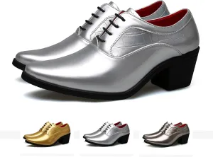Men's Stone Pattern Shiny Leather Chunky Heel Dress Oxford Shoes Fashion Classic Pointed Toe Lace Up Block High Heel Derby Shoes Business Wedding Formal Shoes