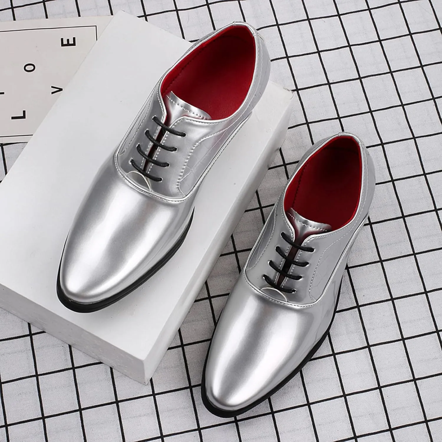 Men's Stone Pattern Shiny Leather Chunky Heel Dress Oxford Shoes Fashion Classic Pointed Toe Lace Up Block High Heel Derby Shoes Business Wedding Formal Shoes