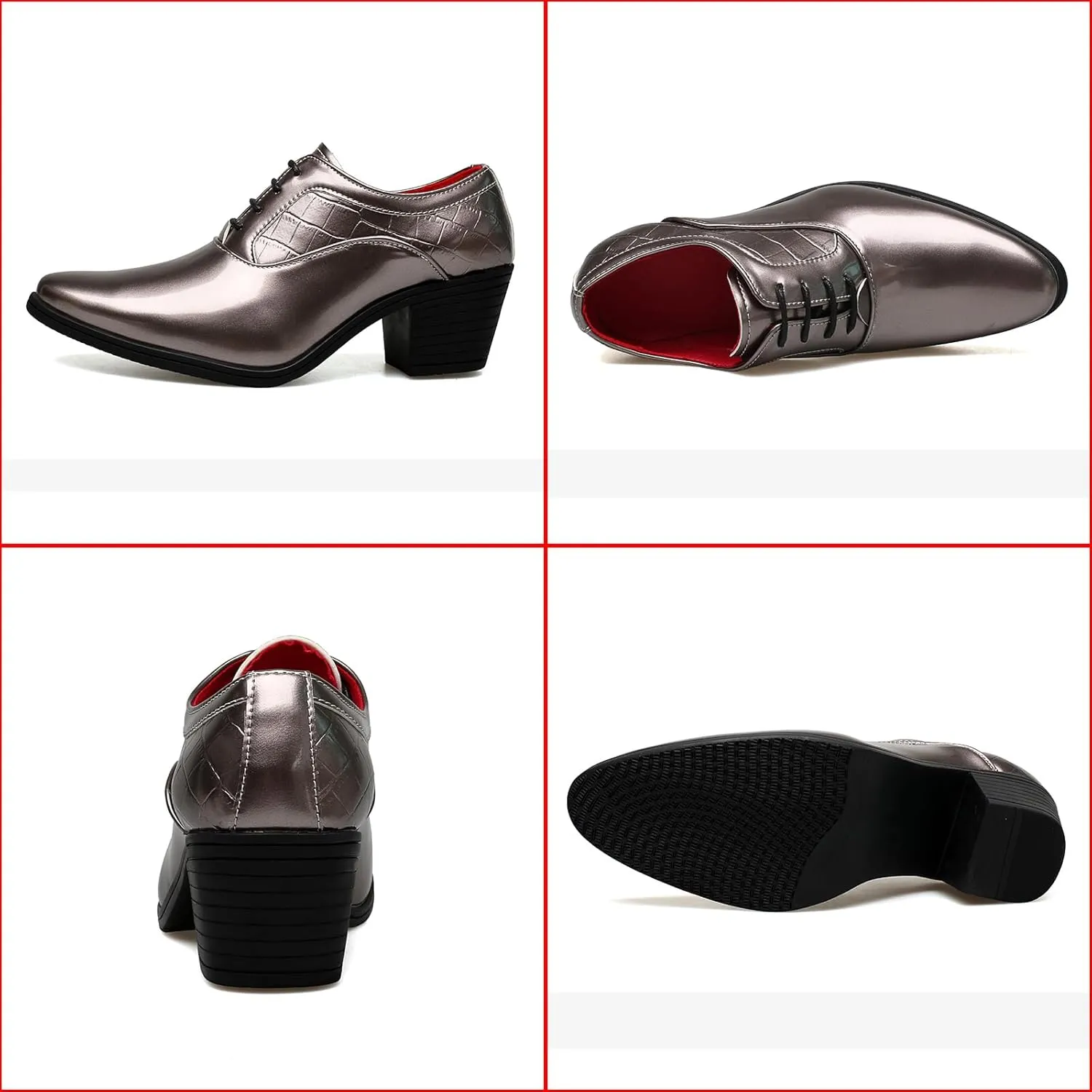 Men's Stone Pattern Shiny Leather Chunky Heel Dress Oxford Shoes Fashion Classic Pointed Toe Lace Up Block High Heel Derby Shoes Business Wedding Formal Shoes