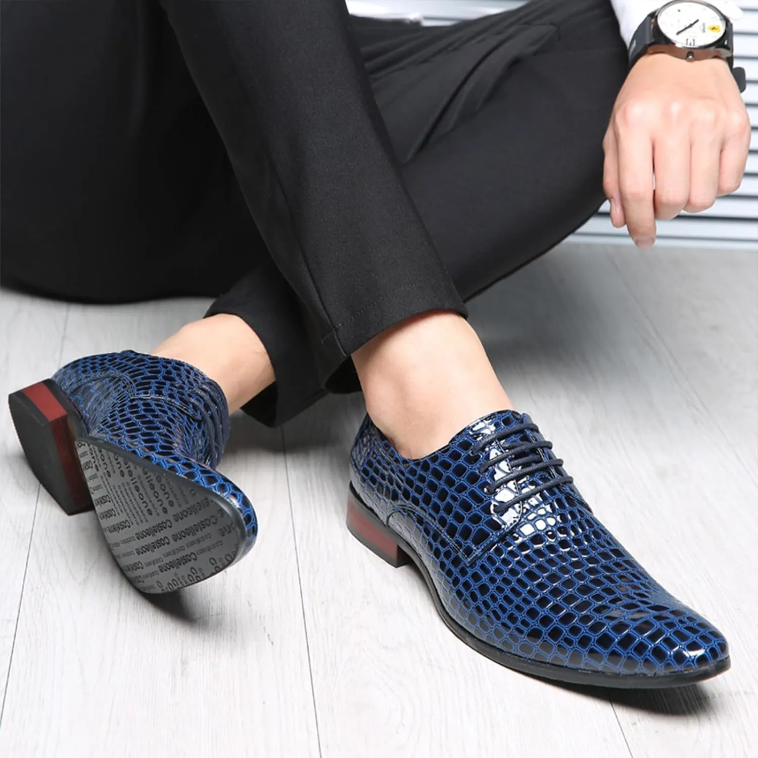 Men's Stone Patterned Leather Dress Oxford Shoes Fashion Pointed Patent Leather Lace-up Anti-Slip Business Wedding Formal Shoes Derby