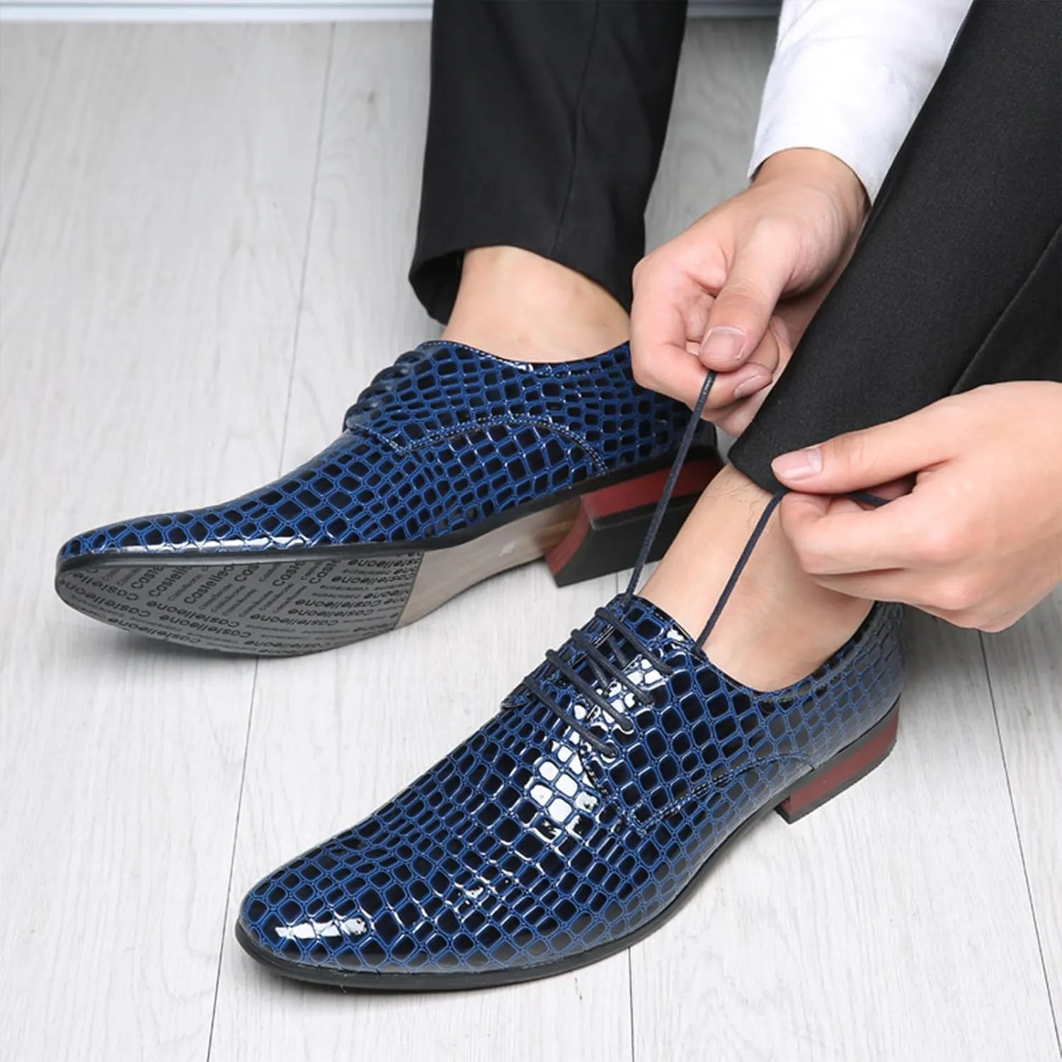 Men's Stone Patterned Leather Dress Oxford Shoes Fashion Pointed Patent Leather Lace-up Anti-Slip Business Wedding Formal Shoes Derby