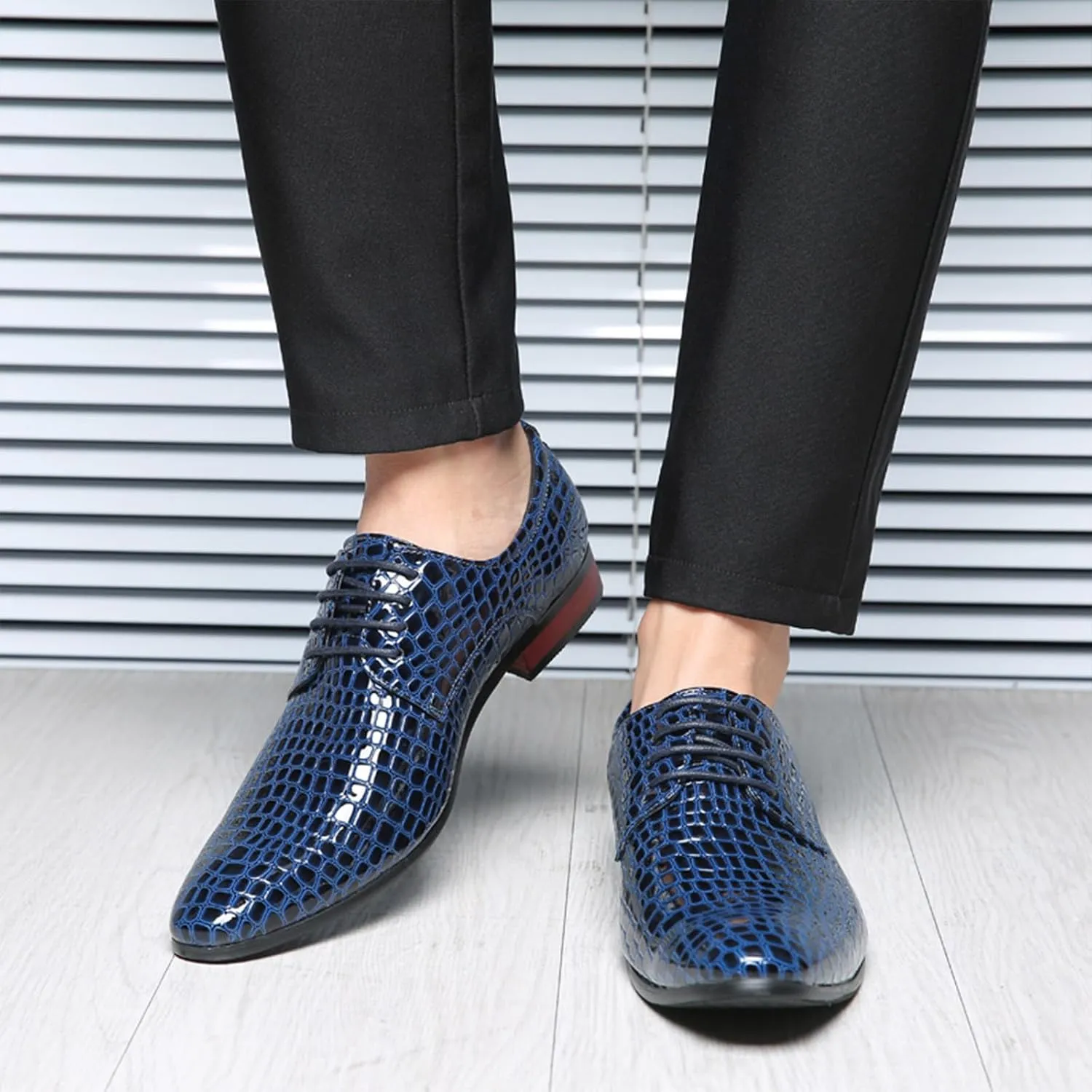 Men's Stone Patterned Leather Dress Oxford Shoes Fashion Pointed Patent Leather Lace-up Anti-Slip Business Wedding Formal Shoes Derby
