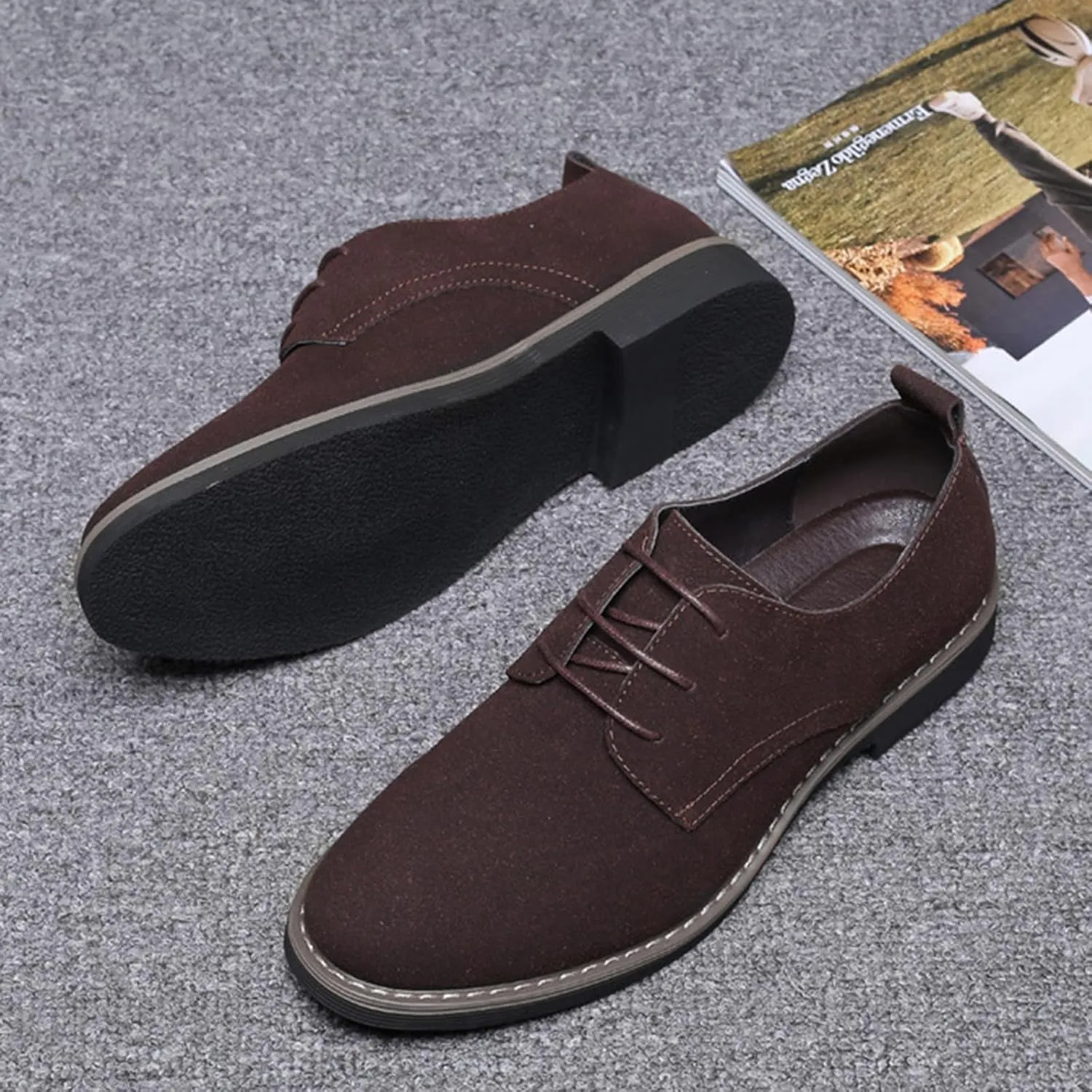 Men's Suede Dress Oxfords Shoes Fashion Hand Stitched Round-Toe Lace up Low Top Nubuck Leather Casual Shoes Classic Business Formal Derby Shoes