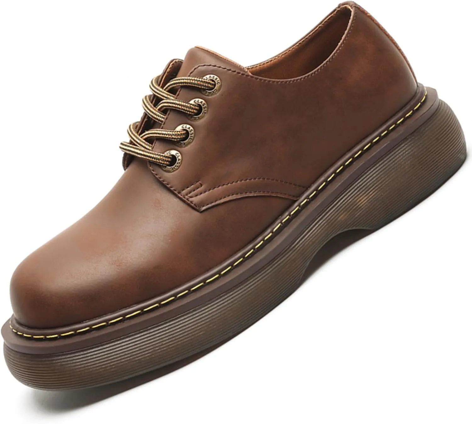 Men's Vintage Platform Genuine Leather Fashion Dress Sneakers Business Round Toe Oxfords Shoes Casual Chunky Derby Shoes