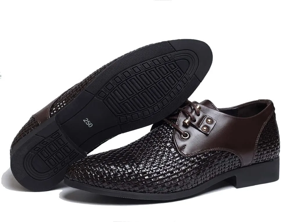 Men's Woven Leather Hollow Out Oxfords,Breathable Fashion Lace Up Dress Wingtip Shoes Casual Comfort Derby Shoes