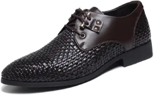 Men's Woven Leather Hollow Out Oxfords,Breathable Fashion Lace Up Dress Wingtip Shoes Casual Comfort Derby Shoes