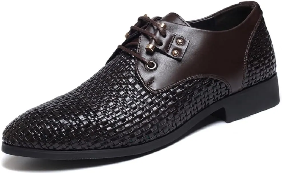 Men's Woven Leather Hollow Out Oxfords,Breathable Fashion Lace Up Dress Wingtip Shoes Casual Comfort Derby Shoes