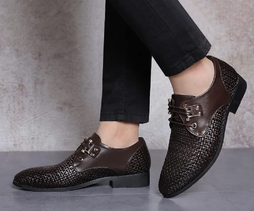 Men's Woven Leather Hollow Out Oxfords,Breathable Fashion Lace Up Dress Wingtip Shoes Casual Comfort Derby Shoes