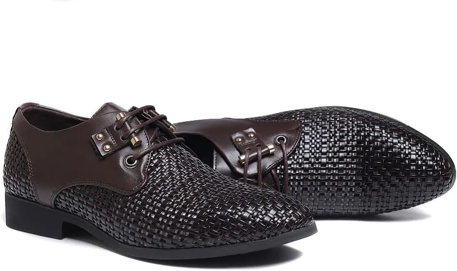 Men's Woven Leather Hollow Out Oxfords,Breathable Fashion Lace Up Dress Wingtip Shoes Casual Comfort Derby Shoes