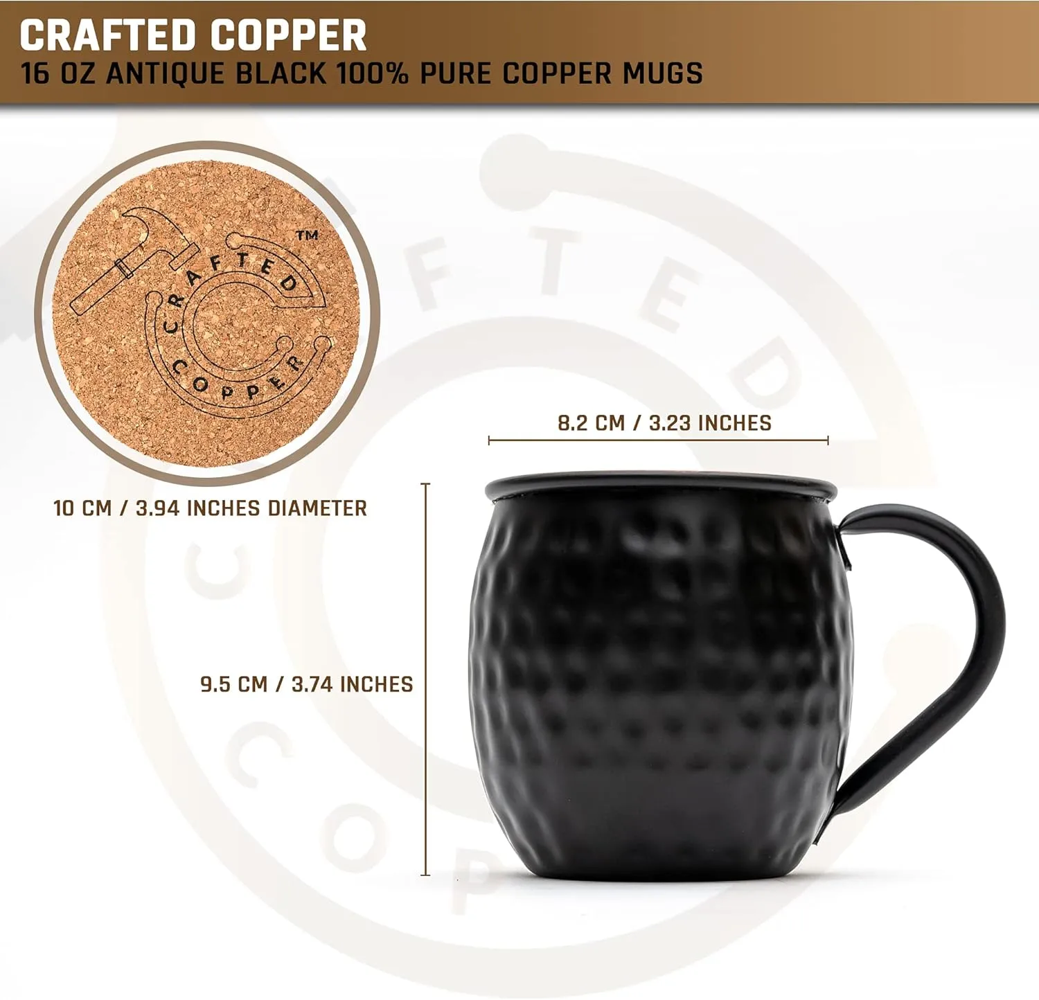 Moscow Mule Copper Mugs - Set Of 2 | 100% Pure Copper Food Safe 16oz Handcrafted Mule Cups With Coaster For Beer, Wine, Party, Cocktail | Black Antique Moscow Mule Mugs