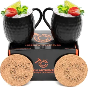 Moscow Mule Copper Mugs - Set Of 2 | 100% Pure Copper Food Safe 16oz Handcrafted Mule Cups With Coaster For Beer, Wine, Party, Cocktail | Black Antique Moscow Mule Mugs