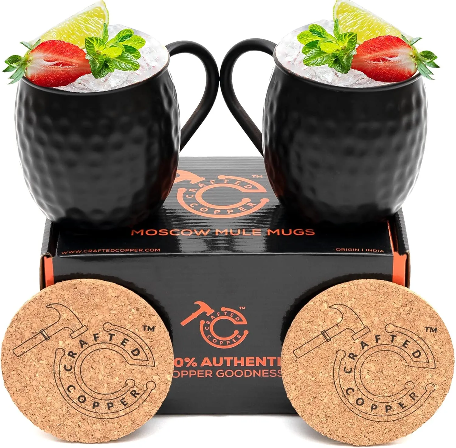 Moscow Mule Copper Mugs - Set Of 2 | 100% Pure Copper Food Safe 16oz Handcrafted Mule Cups With Coaster For Beer, Wine, Party, Cocktail | Black Antique Moscow Mule Mugs