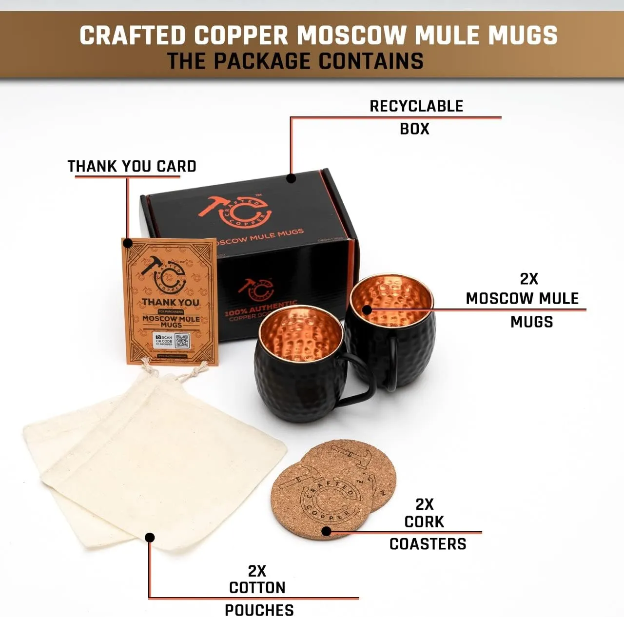Moscow Mule Copper Mugs - Set Of 2 | 100% Pure Copper Food Safe 16oz Handcrafted Mule Cups With Coaster For Beer, Wine, Party, Cocktail | Black Antique Moscow Mule Mugs