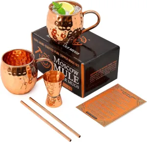 Moscow Mule Cups Set of 2 | 100% Pure Food Safe 16oz Copper Cups with 2X Straws and 1x Jigger - Premium Handcrafted Moscow Mule Kit