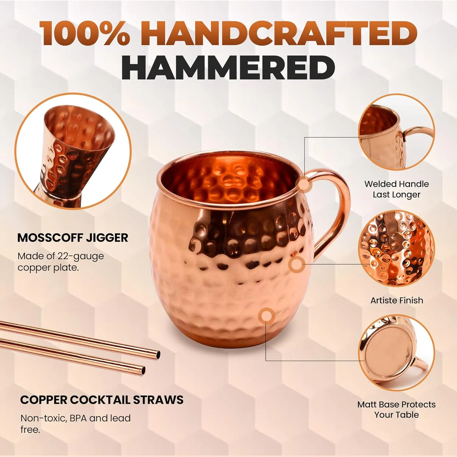 Moscow Mule Cups Set of 2 | 100% Pure Food Safe 16oz Copper Cups with 2X Straws and 1x Jigger - Premium Handcrafted Moscow Mule Kit