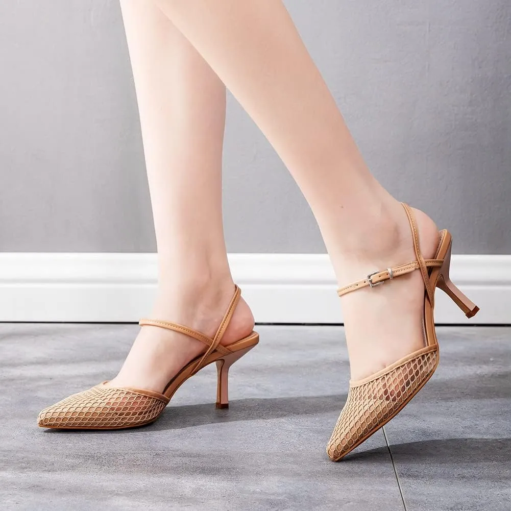 MYFSPORTS Wedding Shoes High Heels 7Cm Mesh Breathable Shallow Mouth Pointed Toe Sandals Thin Heel Hollow Wedding High Heel Sandals