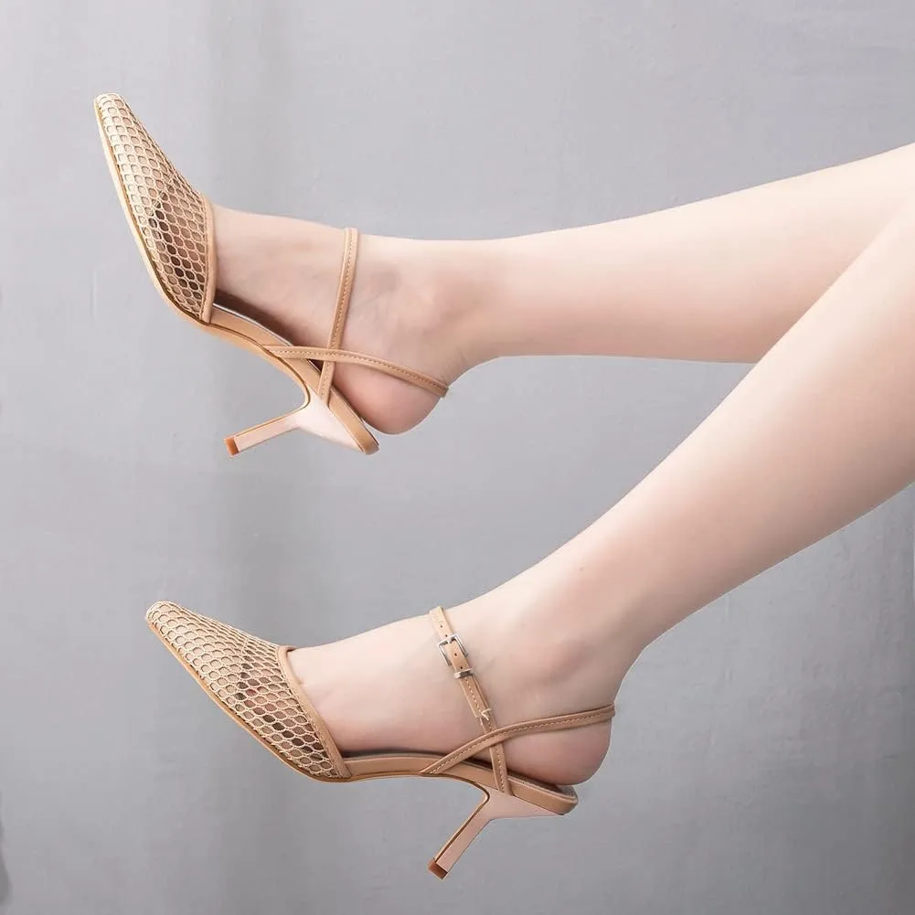 MYFSPORTS Wedding Shoes High Heels 7Cm Mesh Breathable Shallow Mouth Pointed Toe Sandals Thin Heel Hollow Wedding High Heel Sandals