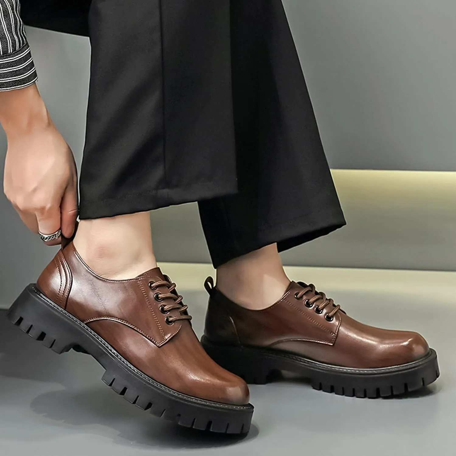 NELSBREXMen'S Leather Chunky Platform Formal Oxford Shoes Retro Round Toe Non-Slip Classic Lace-Up Chunky Wedge Heel Dress Derby Shoes Business Work Wedding Shoes