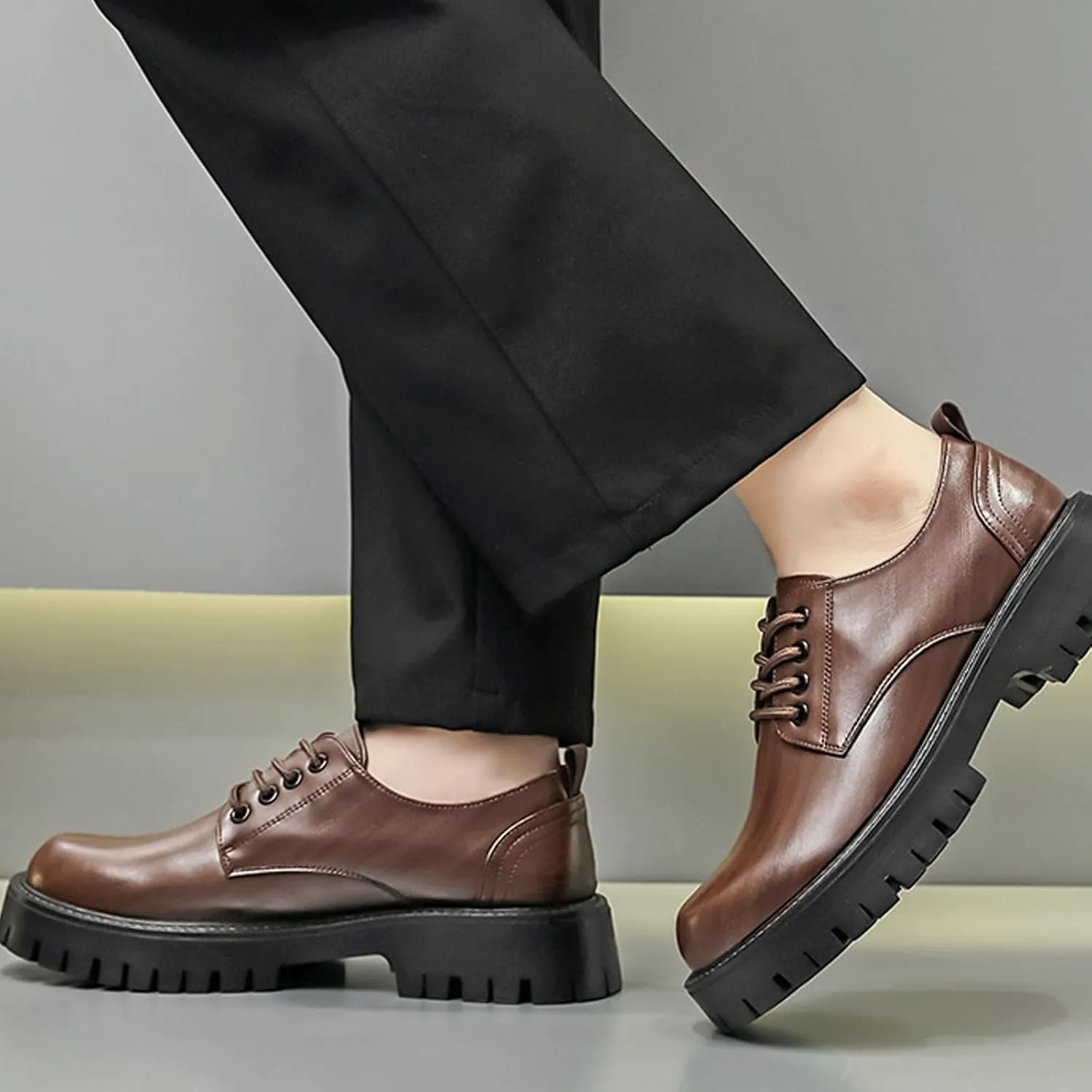 NELSBREXMen'S Leather Chunky Platform Formal Oxford Shoes Retro Round Toe Non-Slip Classic Lace-Up Chunky Wedge Heel Dress Derby Shoes Business Work Wedding Shoes