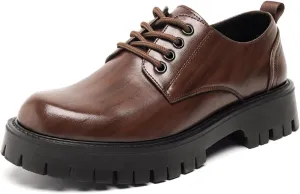 NELSBREXMen'S Leather Chunky Platform Formal Oxford Shoes Retro Round Toe Non-Slip Classic Lace-Up Chunky Wedge Heel Dress Derby Shoes Business Work Wedding Shoes
