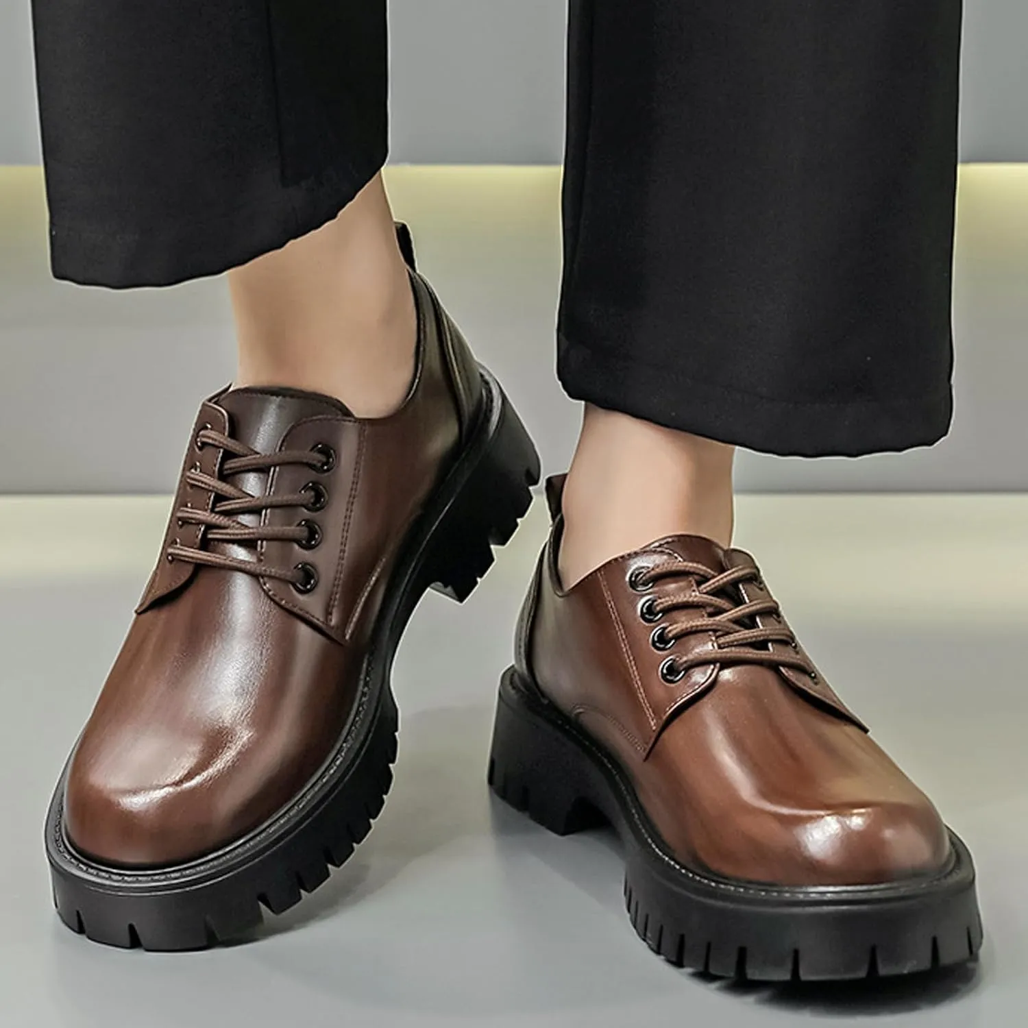 NELSBREXMen'S Leather Chunky Platform Formal Oxford Shoes Retro Round Toe Non-Slip Classic Lace-Up Chunky Wedge Heel Dress Derby Shoes Business Work Wedding Shoes