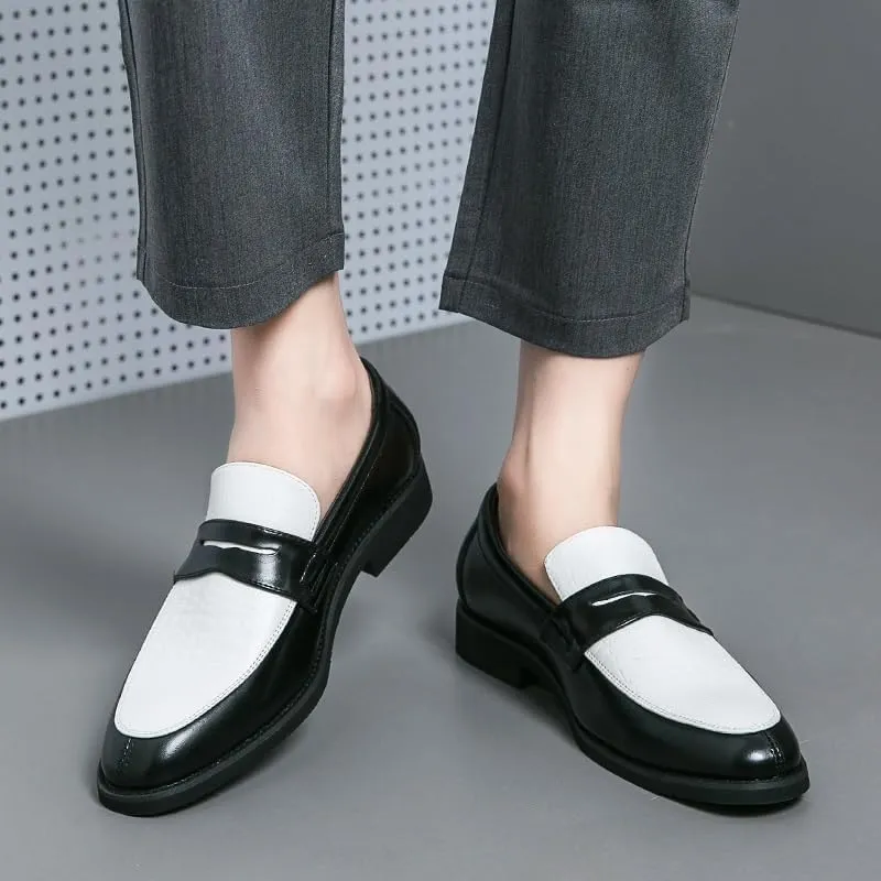 New Dress Formal Shoes for Men Slip On Round Toe Two Tone Patchwork PU Leather Loafer Rubber Sole Anti-Slip Block Heel Walking