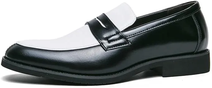 New Dress Formal Shoes for Men Slip On Round Toe Two Tone Patchwork PU Leather Loafer Rubber Sole Anti-Slip Block Heel Walking