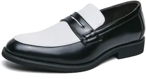 New Dress Formal Shoes for Men Slip On Round Toe Two Tone Patchwork PU Leather Loafer Rubber Sole Anti-Slip Block Heel Walking