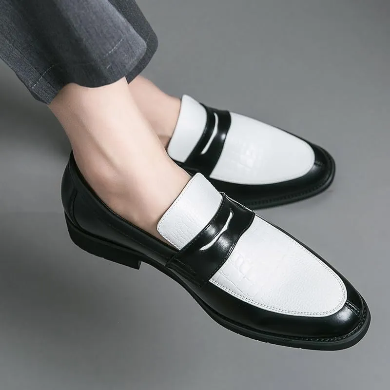 New Dress Formal Shoes for Men Slip On Round Toe Two Tone Patchwork PU Leather Loafer Rubber Sole Anti-Slip Block Heel Walking