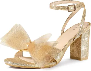 Perphy Glitter Heel Mesh Bow Chunky High Heel Sandal for Women