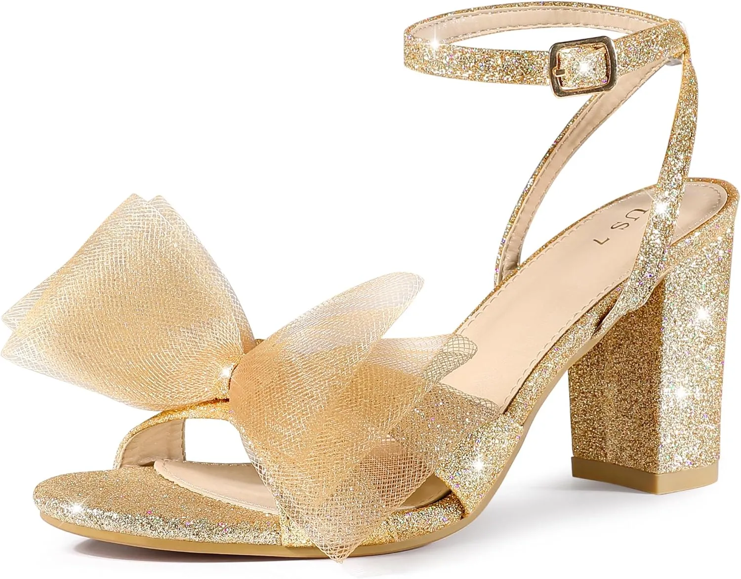 Perphy Glitter Heel Mesh Bow Chunky High Heel Sandal for Women
