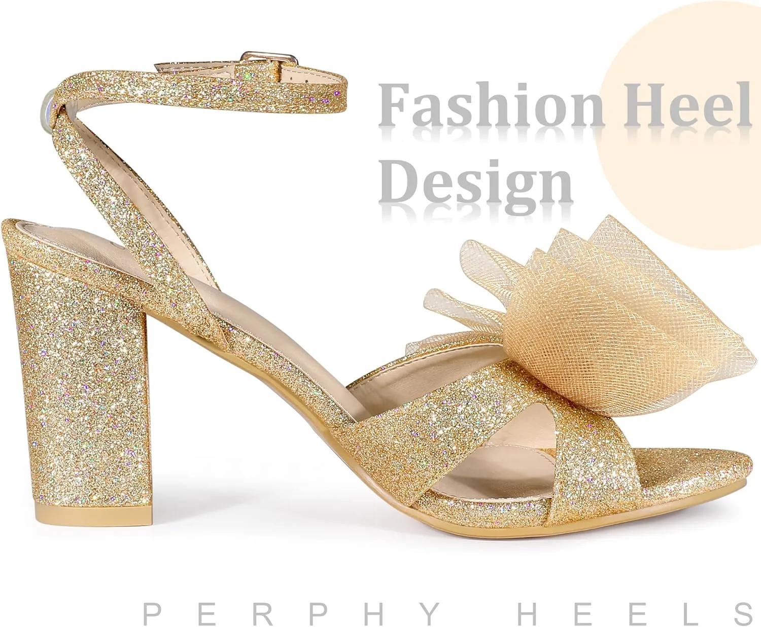 Perphy Glitter Heel Mesh Bow Chunky High Heel Sandal for Women