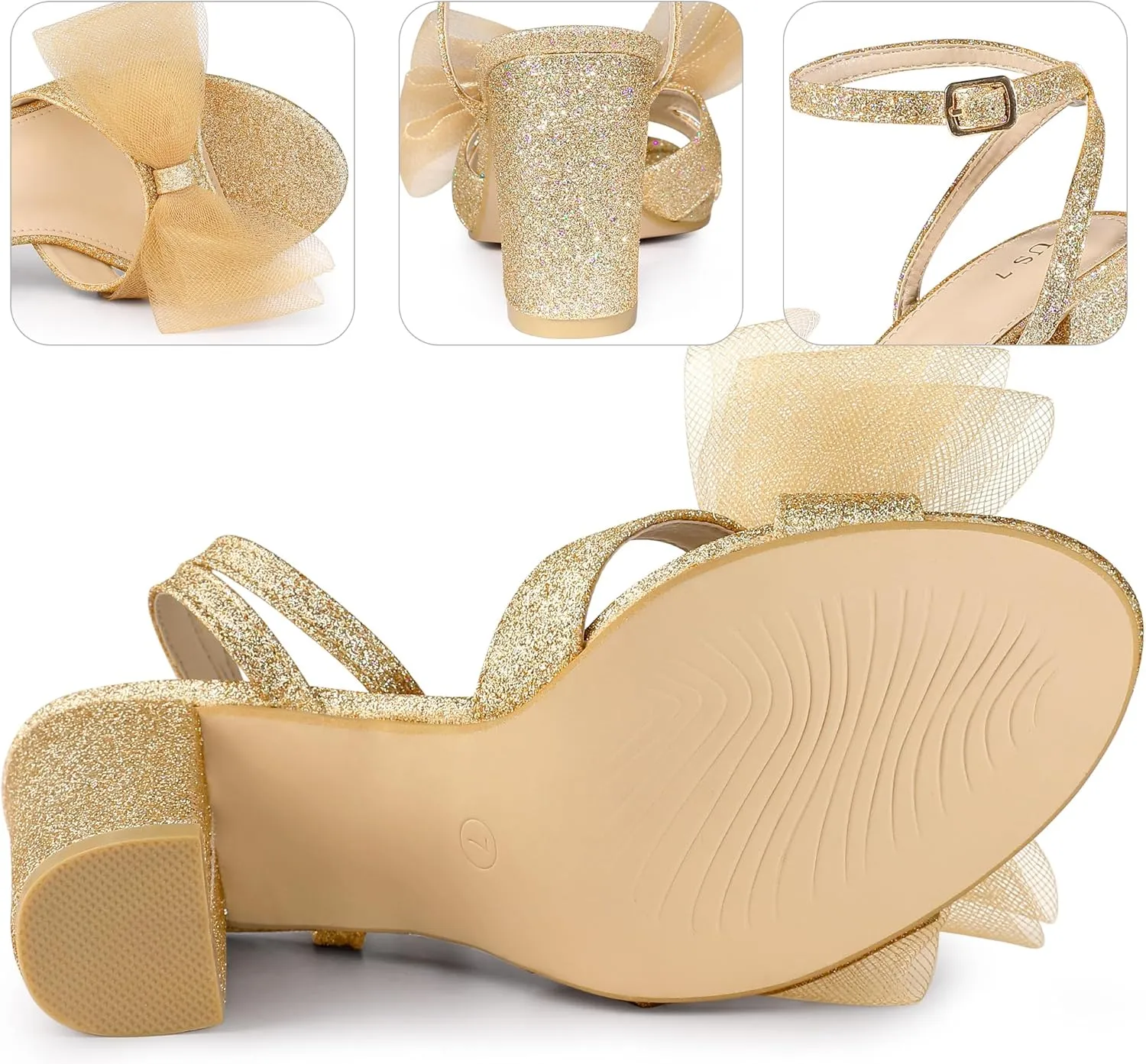 Perphy Glitter Heel Mesh Bow Chunky High Heel Sandal for Women