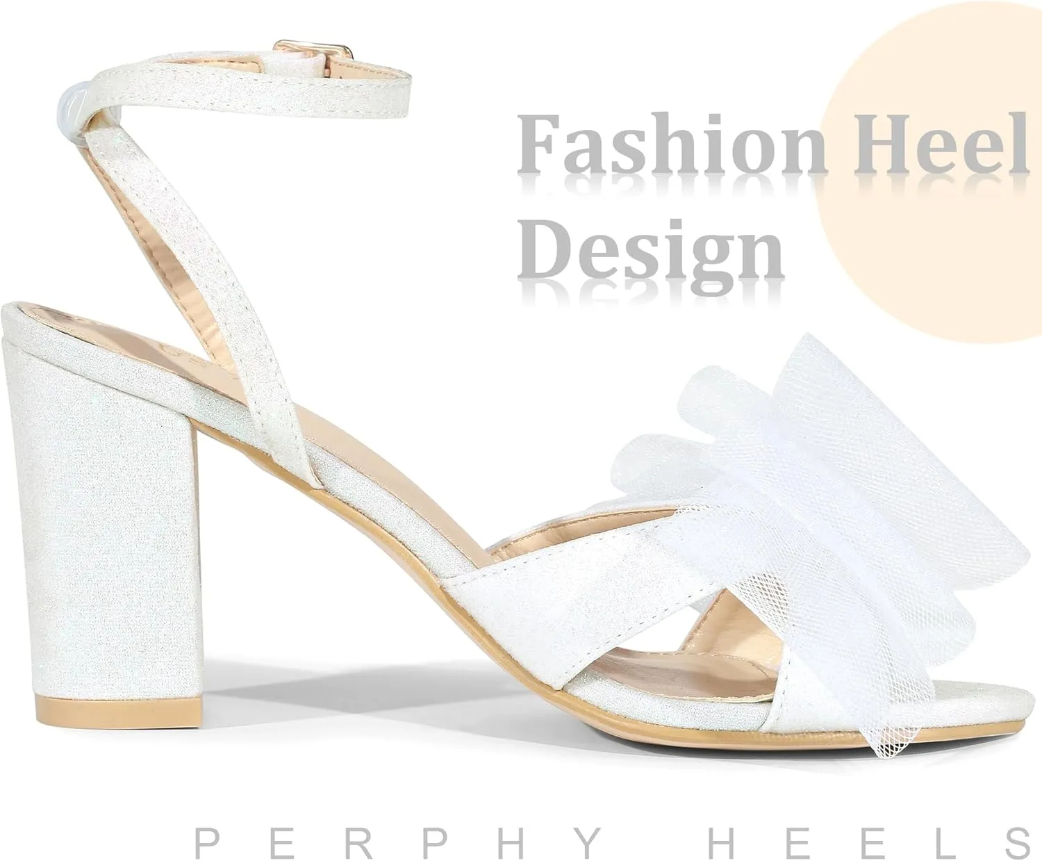 Perphy Glitter Heel Mesh Bow Chunky High Heel Sandal for Women