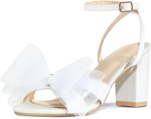 Perphy Glitter Heel Mesh Bow Chunky High Heel Sandal for Women