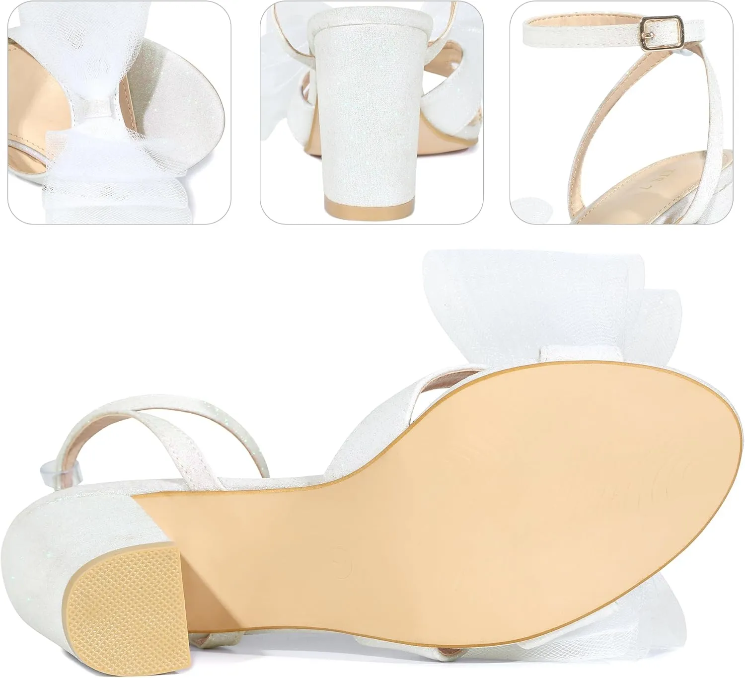Perphy Glitter Heel Mesh Bow Chunky High Heel Sandal for Women