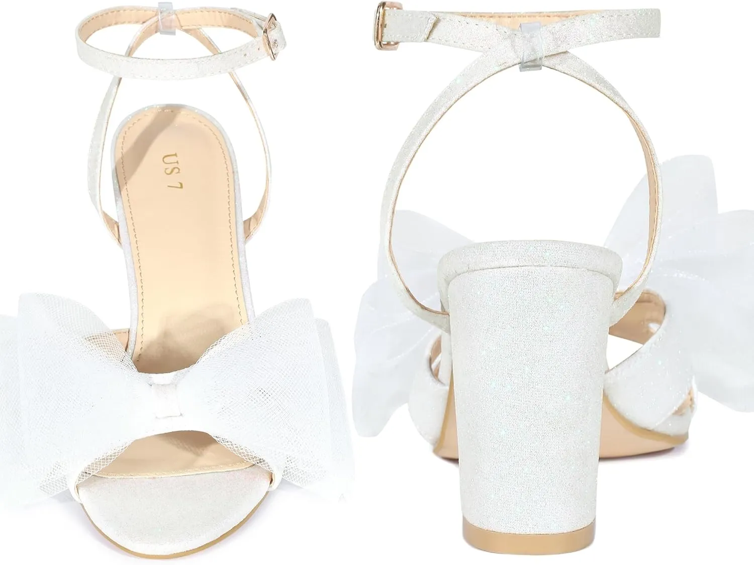 Perphy Glitter Heel Mesh Bow Chunky High Heel Sandal for Women