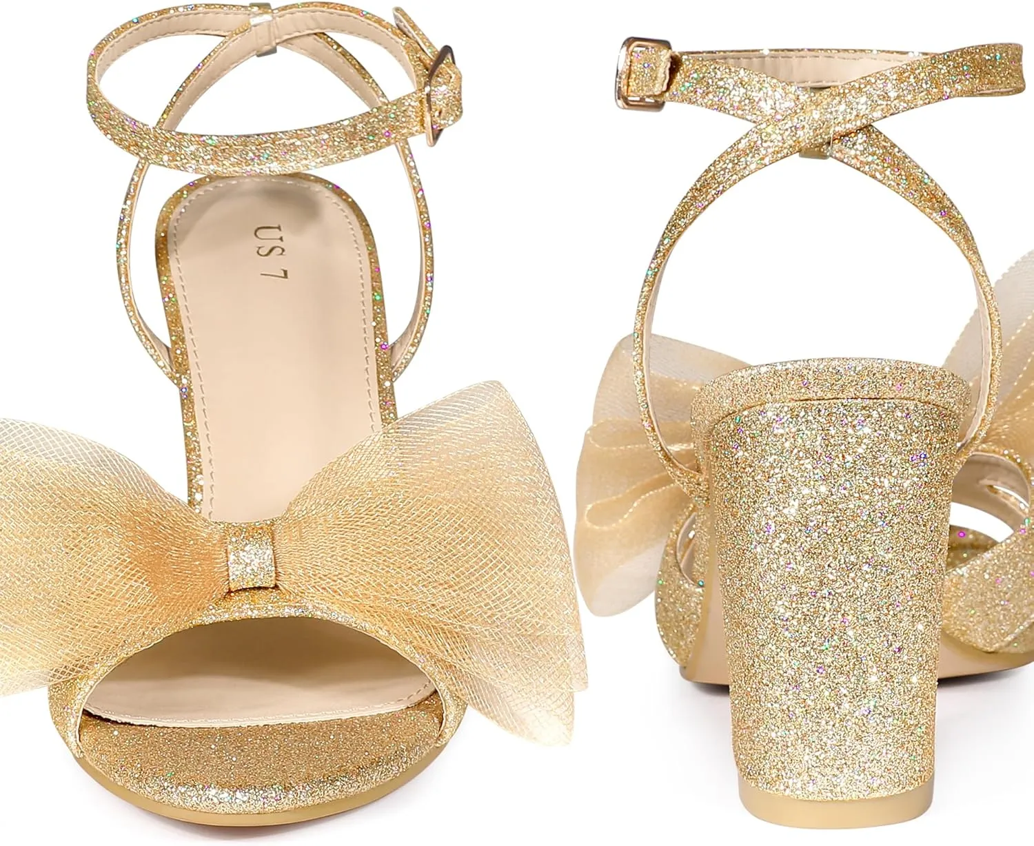 Perphy Glitter Heel Mesh Bow Chunky High Heel Sandal for Women