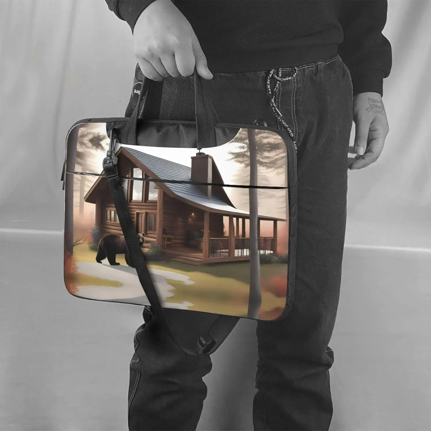 Rustic Lodge Bear picture Fashionable and ultra-thin shoulder laptop bag Shockproof soft lining