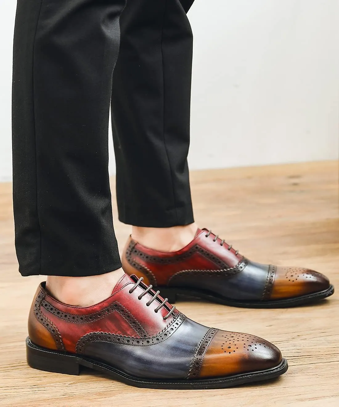 Santimon Men's Oxford Brogue Elegant Evening Business Wedding Derby Plain Toe Lace-up Classic Genuine Leather Casual Formal Shoes