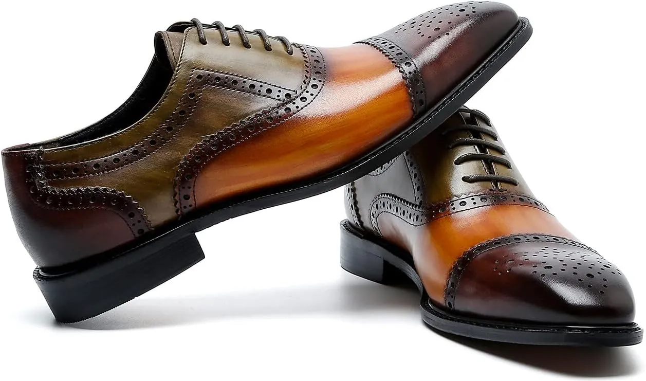 Santimon Men's Oxford Brogue Elegant Evening Business Wedding Derby Plain Toe Lace-up Classic Genuine Leather Casual Formal Shoes
