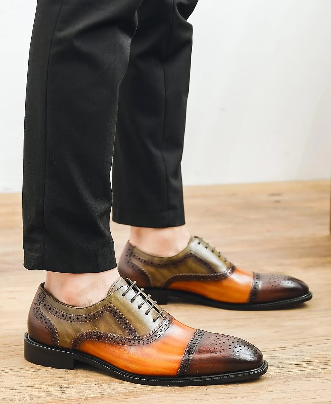 Santimon Men's Oxford Brogue Elegant Evening Business Wedding Derby Plain Toe Lace-up Classic Genuine Leather Casual Formal Shoes